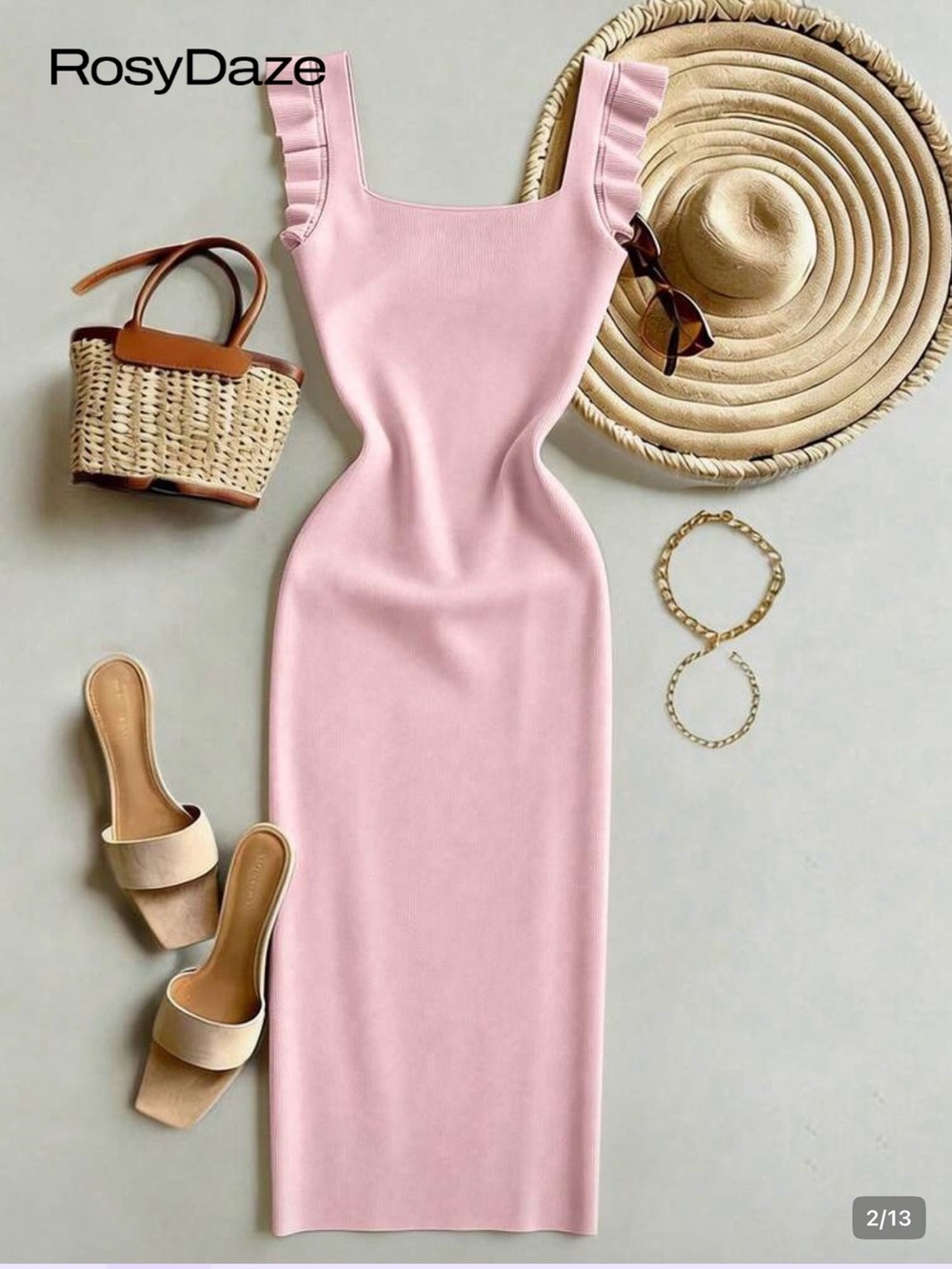 Pink Ruffle Strap Bodycon Dress - Picture 2 of 7